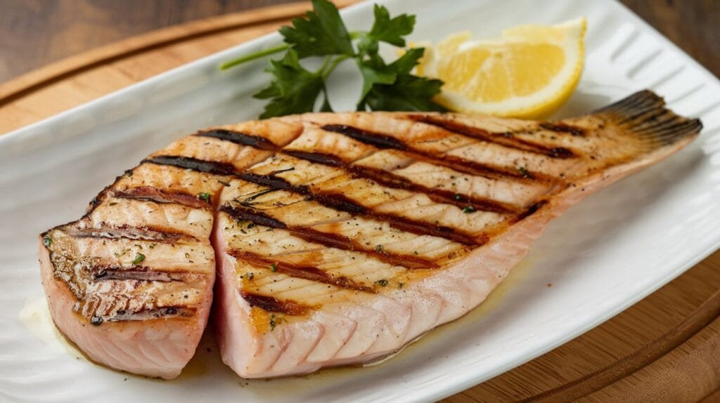 a grilled fish on a plate