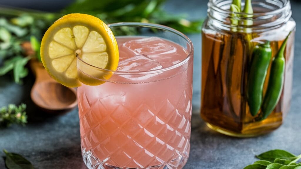 a glass of pink drink with a lemon slice and a glass of brown liquid