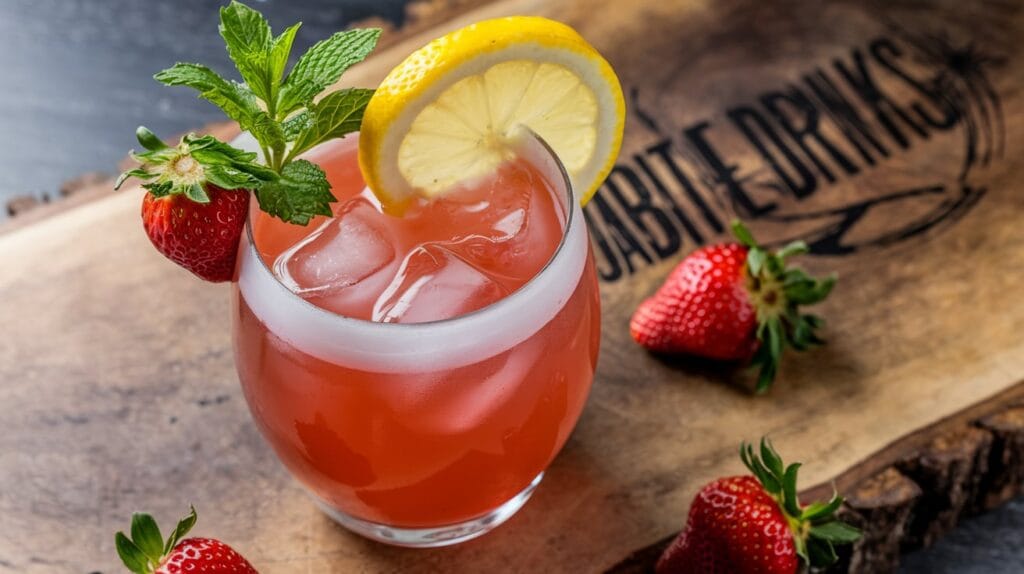 a glass of drink with a lemon and mint leaf