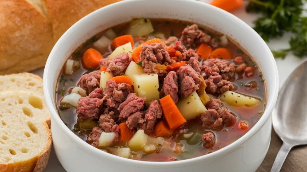 a bowl of soup with meat and vegetables