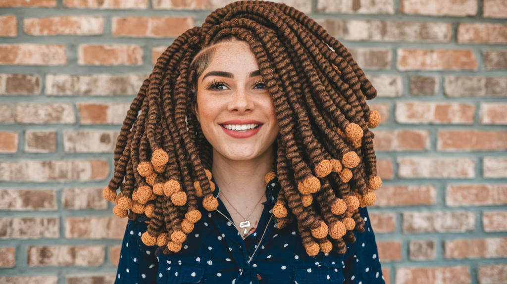 a woman with long curly hair