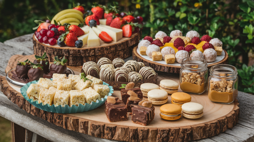 a group of desserts on a wood platter