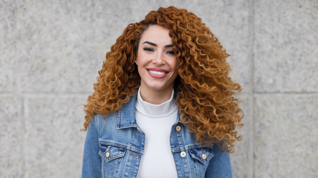 a woman with curly hair smiling