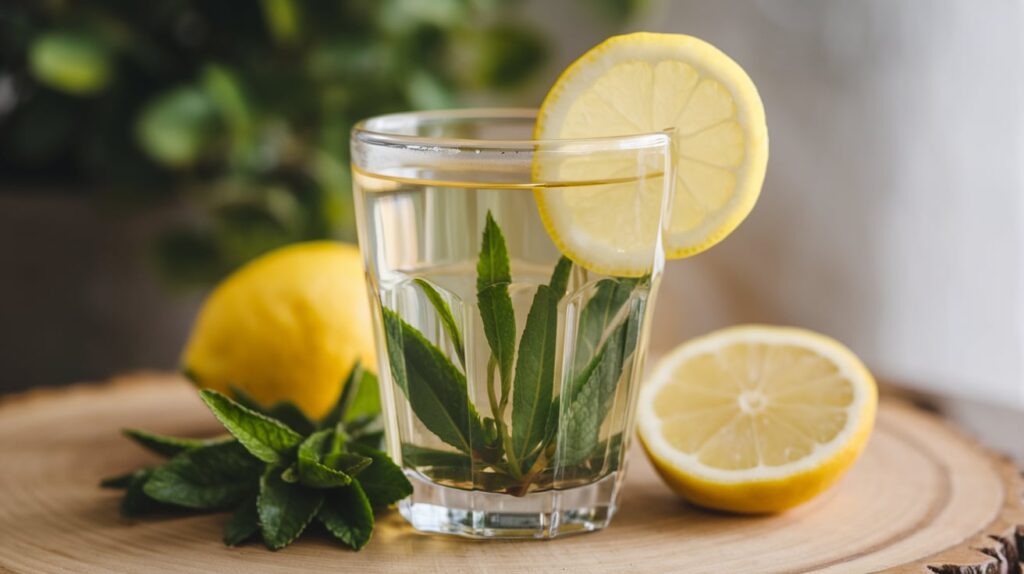 a glass of water with lemons and leaves