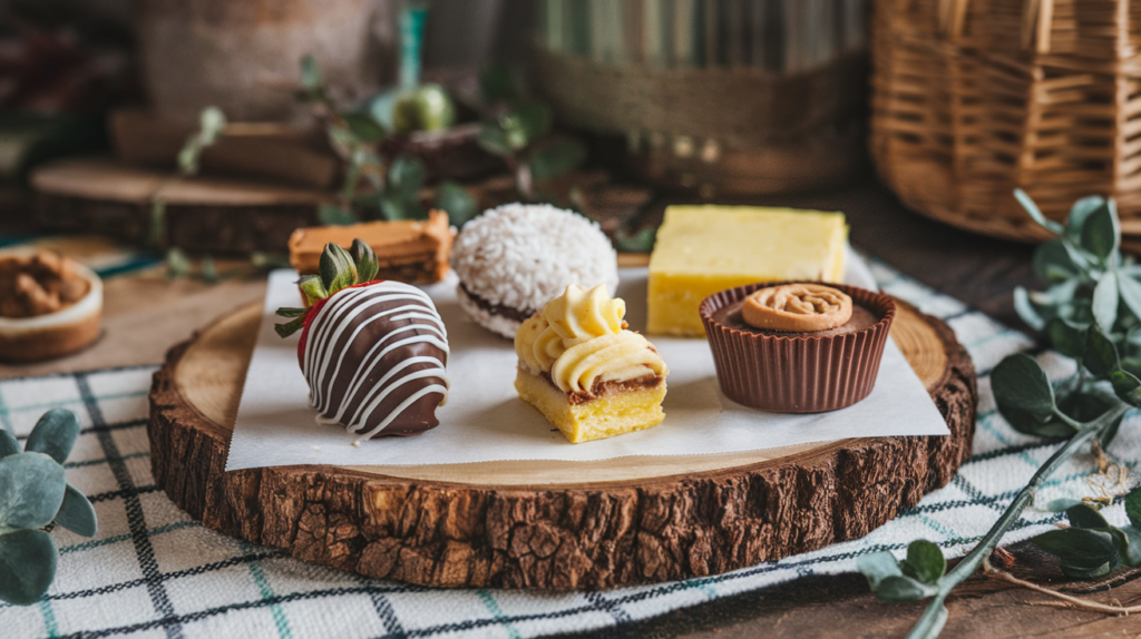 a plate of desserts on a wood slab