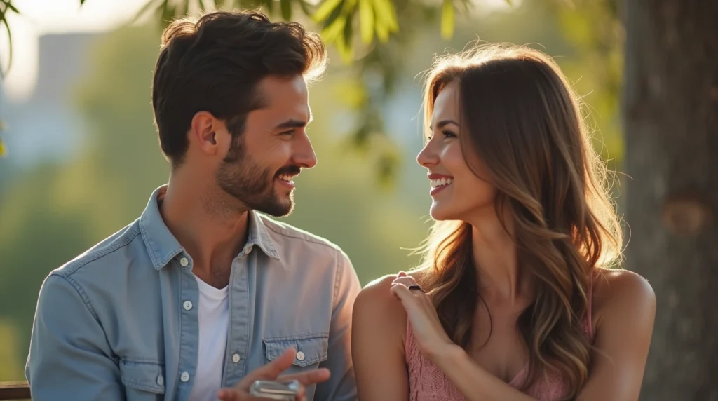 A couple on a date sharing a laugh, avoiding dating mistakes men make with women.